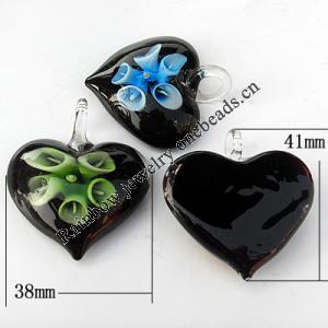 Inner Flower lampwork Pendant, Mix Color, Heart 38x41x11mm Hole:About 7mm, Sold by Group