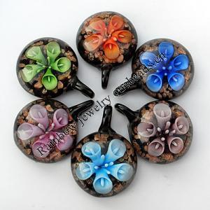 Gold Sand & Inner Flower lampwork Pendant, Mix Color, Flat Round 31x43x15mm Hole:About 6mm, Sold by Group