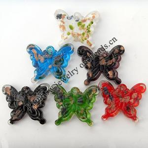 Gold Sand Lampwork Pendant, Mix Color, Butterfly 31x43x15mm Hole:About 6mm, Sold by Group