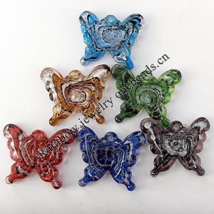 Silver Foil Lampwork Pendant, Mix Color, Butterfly 31x43x15mm Hole:About 6mm, Sold by Group