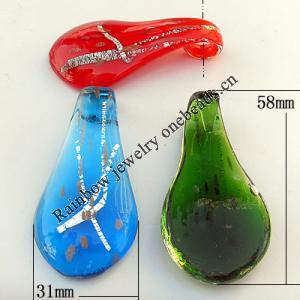 Gold Sand & Silver Foil Lampwork Pendant, Mix Color, Leaf 31x58x9mm Hole:About 7mm, Sold by Group