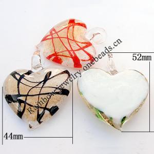Lampwork Pendant, Mix Color, Heart 44x52x11mm Hole:About 6mm, Sold by Group