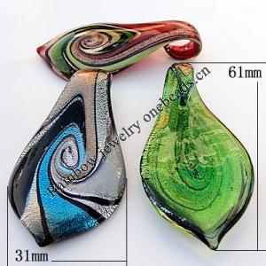 Silver Foil Lampwork Pendant, Mix Color, Leaf 31x61x8mm Hole:About 6mm, Sold by Group