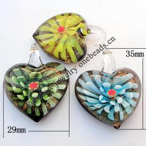 Inner Flower lampwork Pendant, Mix Color, Heart 29x35x12mm Hole:About 7mm, Sold by Group