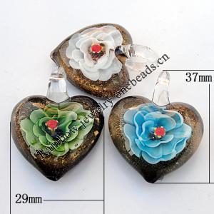 Inner Flower lampwork Pendant, Mix Color, Heart 29x37x12mm Hole:About 7mm, Sold by Group