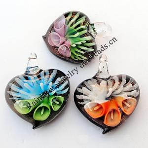 Inner Flower lampwork Pendant, Mix Color, Heart 31x36x16mm Hole:About 5mm, Sold by Group
