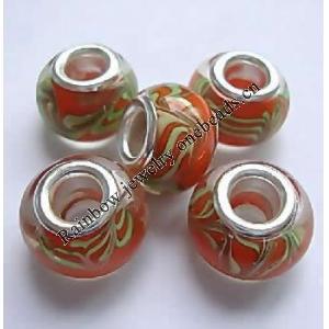 Handmade European Style Lampwork Beads With Silver Color Copper Core, 10x14mm Hole:5mm, Sold by PC