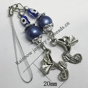 Cotton Cord Mobile Chain with Plastic Beads, 20mm Length：110mm, Sold by Group