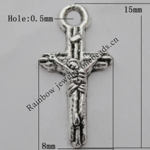 Pendant Zinc Alloy Jewelry Findings Lead-free, Cross 15x8mm Hole:0.5mm, Sold by Bag