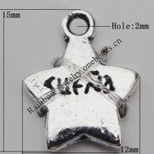 Pendant Zinc Alloy Jewelry Findings Lead-free, Star 15x12mm Hole:2mm, Sold by Bag