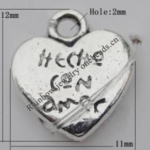 Pendant Zinc Alloy Jewelry Findings Lead-free, Heart 12x11mm Hole:2mm, Sold by Bag