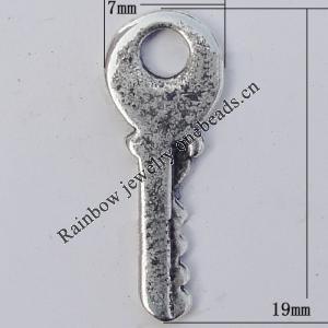 Pendant Zinc Alloy Jewelry Findings Lead-free, Key 19x7mm Hole:3mm, Sold by Bag
