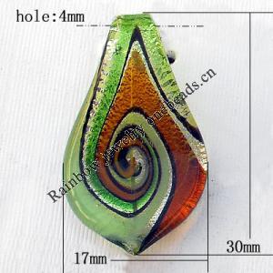 Lampwork Pendant For Earring, Leaf, 17x30mm, Hole:About 4mm, Sold by PC