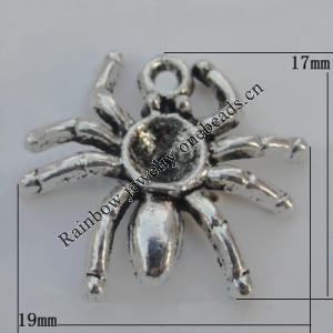 Pendant Zinc Alloy Jewelry Findings Lead-free, Spider 19x17mm Hole:1.5mm, Sold by Bag