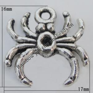 Pendant Zinc Alloy Jewelry Findings Lead-free, Spider 16x17mm Hole:2mm, Sold by Bag