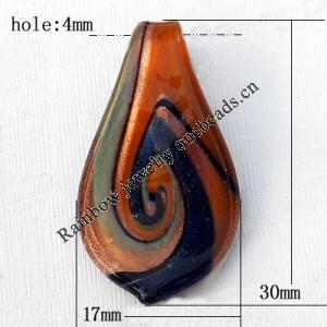 Lampwork Pendant For Earring, Leaf, 17x30mm, Hole:About 4mm, Sold by PC