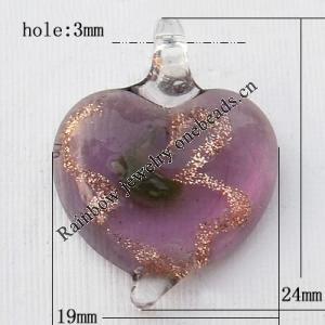 Lampwork Pendant For Earring, Heart, 19x24m, Hole:About 4mm, Sold by PC