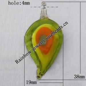 Lampwork Pendant For Earring, Leaf, 19x38mm, Hole:About 4mm, Sold by PC