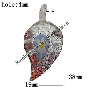 Lampwork Pendant For Earring, Leaf, 19x38mm, Hole:About 4mm, Sold by PC