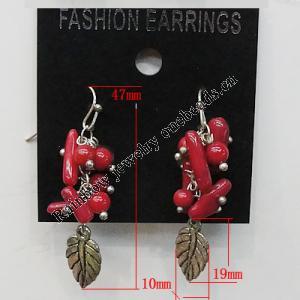 Coral Earring, Length:47mm Bead Size:10x19mm, Sold by Group