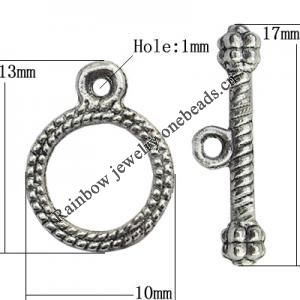 Clasp Zinc Alloy Jewelry Findings Lead-free, Loop:10x13mm, Bar:17x3mm Hole:1mm, Sold by Bag
