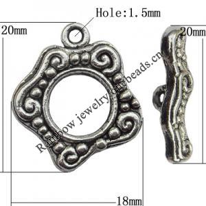 Clasp Zinc Alloy Jewelry Findings Lead-free, Loop:18x20mm, Bar:20x7mm Hole:1.5mm, Sold by Bag