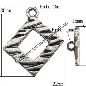 Clasp Zinc Alloy Jewelry Findings Lead-free, Loop:22x25mm, Bar:15x5mm Big Hole:2mm Small Hole:1mm, Sold by Bag