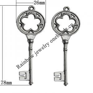 Pendant Zinc Alloy Jewelry Findings Lead-free, Key 78x26mm Hole:3mm, Sold by Bag
