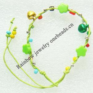 Waxed cotton Bracelets with Plastic Beads & Bell,Length:About 7.9 Inch，Sold by Group 