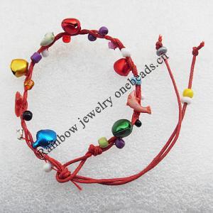 Waxed cotton Bracelets with Plastic Beads & Bell,Length:About 7.9 Inch，Sold by Group 