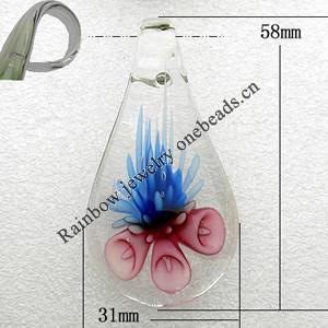 Inner Flower Handmade Lampwork Pendant, Mix Color, Leaf 58x31mm Hole:About 8mm, Sold by Group