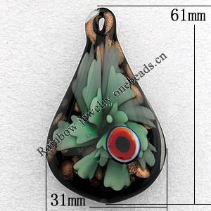 Inner Flower Handmade Lampwork Gold Sand Pendant, Mix Color, 61x31mm Hole:About 3.5mm, Sold by Group