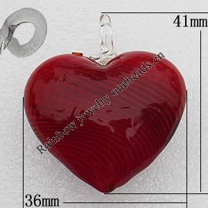 Blown Glass Gold Sand Pendant, Mix Color, Heart 41x36mm Hole:About 8mm, Sold by Group
