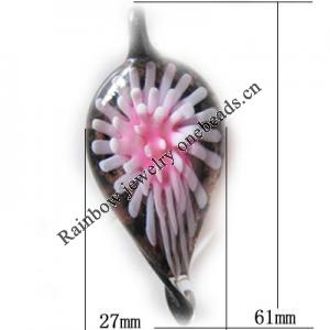 Inner Flower Lampwork Pendant, Leaf 61x27mm Hole:About 5mm, Sold by PC