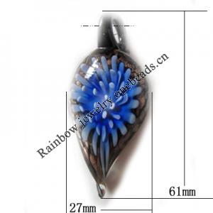 Inner Flower Lampwork Pendant, Leaf 61x27mm Hole:About 5mm, Sold by PC