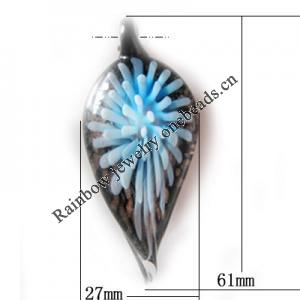 Inner Flower Lampwork Pendant, Leaf 61x27mm Hole:About 5mm, Sold by PC