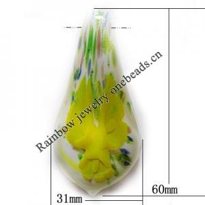 Inner Flower Lampwork Pendant, Leaf 60x31mm Hole:About 5mm, Sold by PC