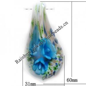 Inner Flower Lampwork Pendant, Leaf 60x31mm Hole:About 5mm, Sold by PC