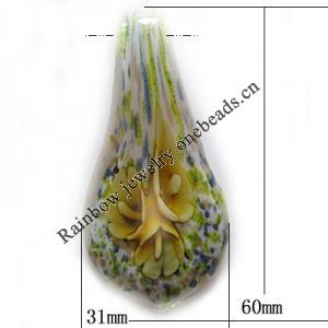 Inner Flower Lampwork Pendant, Leaf 60x31mm Hole:About 5mm, Sold by PC