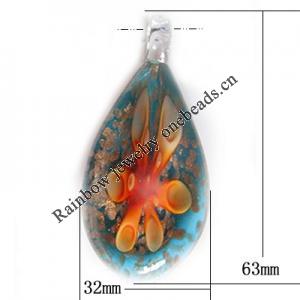 Inner Flower Lampwork Pendant, Leaf 63x32mm Hole:About 5mm, Sold by PC