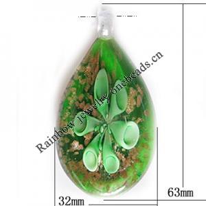 Inner Flower Lampwork Pendant, Leaf 63x32mm Hole:About 5mm, Sold by PC