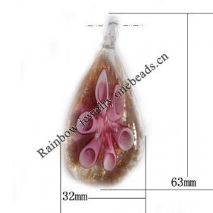 Inner Flower Lampwork Pendant, Leaf 63x32mm Hole:About 5mm, Sold by PC