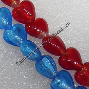 Silver Foil Lampwork Beads, Mix Color, Heart 15mm Hole: About 1.5mm, Sold by Group