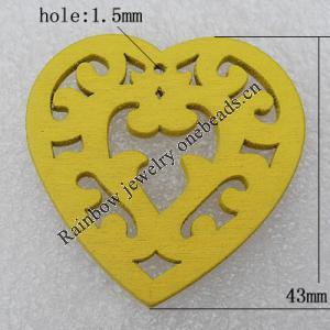 Wooden Pendant / charm，Heart 43x2.5mm, Hole:About 1.5mm, Sold by Group