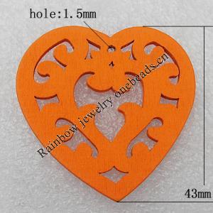 Wooden Pendant / charm，Heart 43x2.5mm, Hole:About 1.5mm, Sold by Group