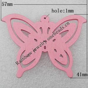 Wooden Pendant / charm，Butterfly 57x41x2.5mm, Hole:About 1mm, Sold by Group