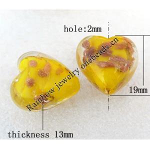 Gold Sand Lampwork Beads, Heart 19x13mm Hole:About 2mm, Sold by PC