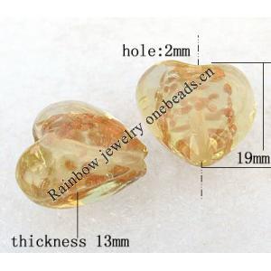 Gold Sand Lampwork Beads, Heart 19x13mm Hole:About 2mm, Sold by PC