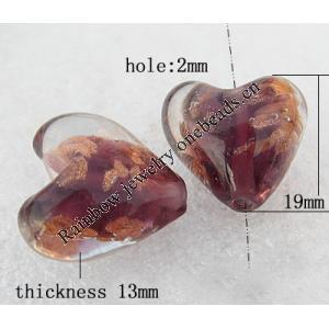 Gold Sand Lampwork Beads, Heart 19x13mm Hole:About 2mm, Sold by PC