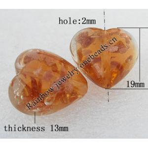 Gold Sand Lampwork Beads, Heart 19x13mm Hole:About 2mm, Sold by PC